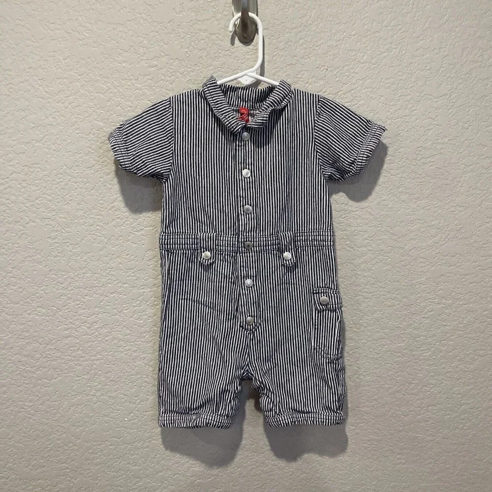 Hanna Andersson Toddler Baby Boy One-Piece BLUE Railroad Stripe Romper 80, 18-24 - Picture 2 of 7